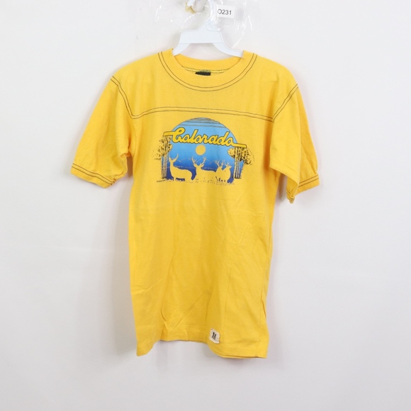 80s Mens XS Colorado Nature Print T Shirt Yellow - Picture 1 of 8